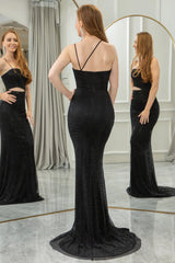 Wholesale Elegant Glitter Black Spaghetti Straps Mermaid Cut Out Long Prom Dress prom dresses shops