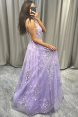 Wholesale Romantic Purple A Line Spaghetti Straps Long Tulle Prom Dress With Appliques prom dresses shops