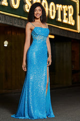 Stunning Mermaid Spaghetti Straps Blue Corset Prom Dress with Split Front