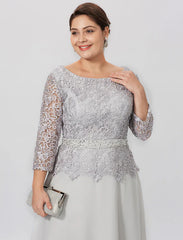 Sheath / Column Mother of the Bride Dress Formal Elegant Plus Size Jewel Neck Floor Length Chiffon Corded Lace 3/4 Length Sleeve No with Lace Silver