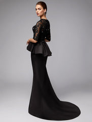 Mermaid / Trumpet Mother of the Bride Dress Sexy See Through Jewel Neck Sweep / Brush Train Satin Lace Half Sleeve with Beading Appliques Elegant