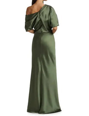 Sheath / Column Mother of the Bride Dress Wedding Guest Elegant Party Off Shoulder Sweep / Brush Train Satin Half Sleeve with Ruching Solid Color