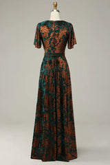 Burnout Velvet V Neck Dark Green Mother of Bride Dress Short Sleeves Elegant Evening Dress