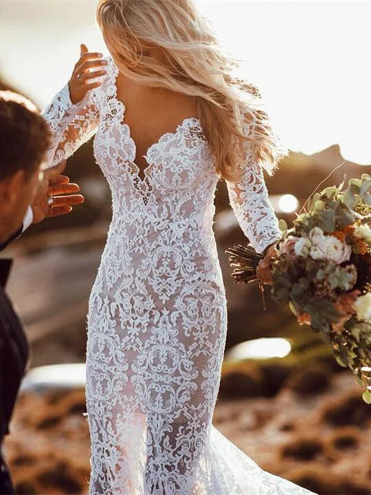 Long Sleeves Lace Wedding Dresses Mermaid Backless Bridal Gowns Open Back Elegant
