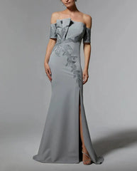 Mermaid Off Shoulder Floor-length Wedding Guest Dresses Sequins Beaded Mother of the Bride Dress With Slit Elegant