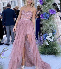 Dusty Pink Sweetheart Strapless A-Line Ruffles Long Party Dress Prom Dress Charming Evening Dress Wholesale