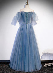 Charming Light Blue Tulle Puffy Sleeves Floor Length Party Dress A-line Pricess Gowns Prom Dress Sparkly