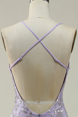 Mermaid Spaghetti Straps Purple Long Prom Dress with Beading V-neck With Slit