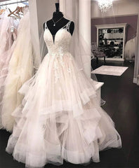 Ball Gown V Neck Tulle Lace Wedding Dresses A Line Floor Length Beautiful