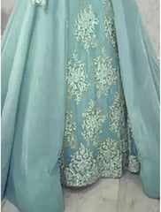 A-Line Mother of the Bride Dress Formal Elegant Party Jewel Neck Sweep / Brush Train Satin Lace Long Sleeve with Pleats  Pastel Green