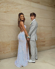 Mermaid White Sequins Long Prom Dresses Sparkly Formal Party Dress With Slit 2490