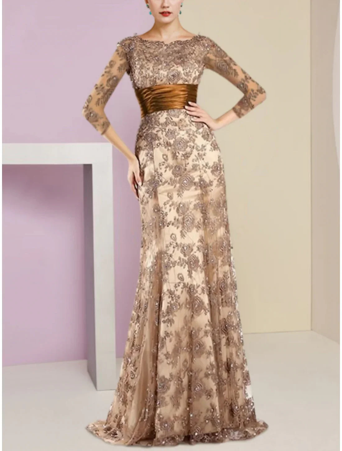 A-Line Mother of the Bride Dress Wedding Guest Elegant Scoop Neck Sweep / Brush Train Stretch Satin Imitated Silk 3/4 Length Sleeve with Lace