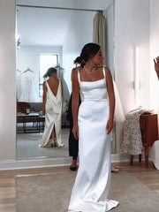 White Straps Sheath Backless Light Wedding Dress Simple Party Dress Formal Dress