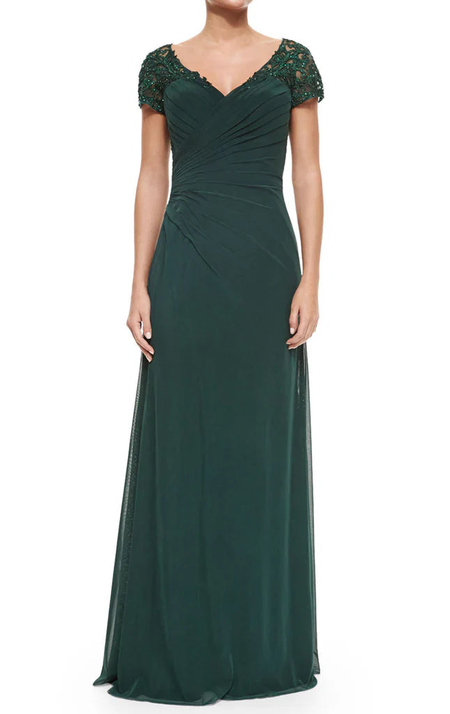 Sleeves V Neck Lace Chiffon Long Mother of the Brides Dress