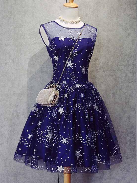 Blue Short Beautiful Homecoming Dress Tulle SleevelessProm Dress, Blue Party Dress