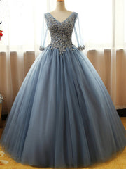 Gorgeous Long Blue Half Sleeve Prom Dresses, Floor-length Long Dusty Blue Ball Gown Party Dress