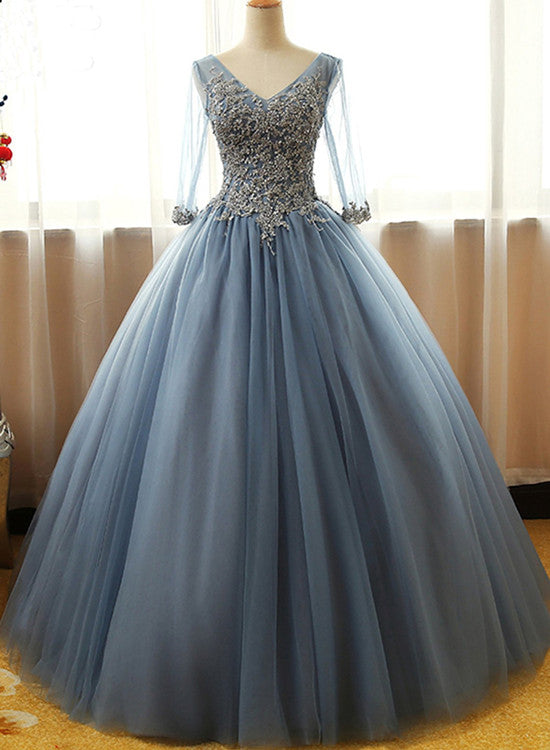 Gorgeous Long Blue Half Sleeve Prom Dresses, Floor-length Long Dusty Blue Ball Gown Party Dress