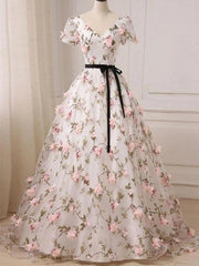 Beautiful Flowers V-neckline Short Sleeves Long Party Dress, Ball Gown Sweet 16 Dress
