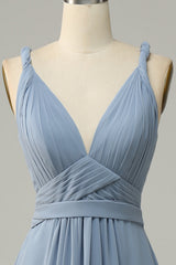 Dusty Blue Deep V Neck A Line Long Bridesmaid Dress