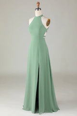 A-shaped backless matcha front slit bridesmaid dress
