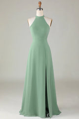 A-shaped backless matcha front slit bridesmaid dress