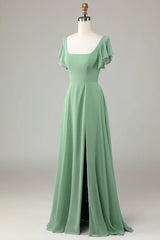 Lotus edge square collar matcha bridesmaid dress