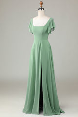 Square Neck Matcha Bridesmaid Dress with Ruffles