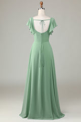 Square Neck Matcha Bridesmaid Dress with Ruffles