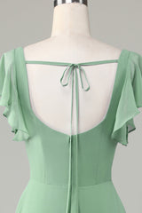 Square Neck Matcha Bridesmaid Dress with Ruffles