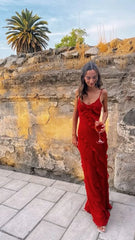 Red Spaghetti Straps Ruffle Mermaid Long Party Dress Wedding Guest Dress Evening Dress Formal Dress