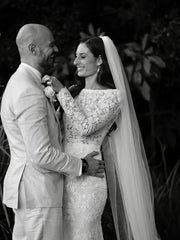 Delicate Lace Bateau Long Sleeves Chapel Train Sheath Wedding Dresses Elegant