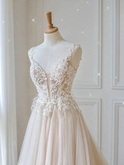 Champagne v neck tulle lace long prom dress evening dress A Line Sleeveless Formal Dress