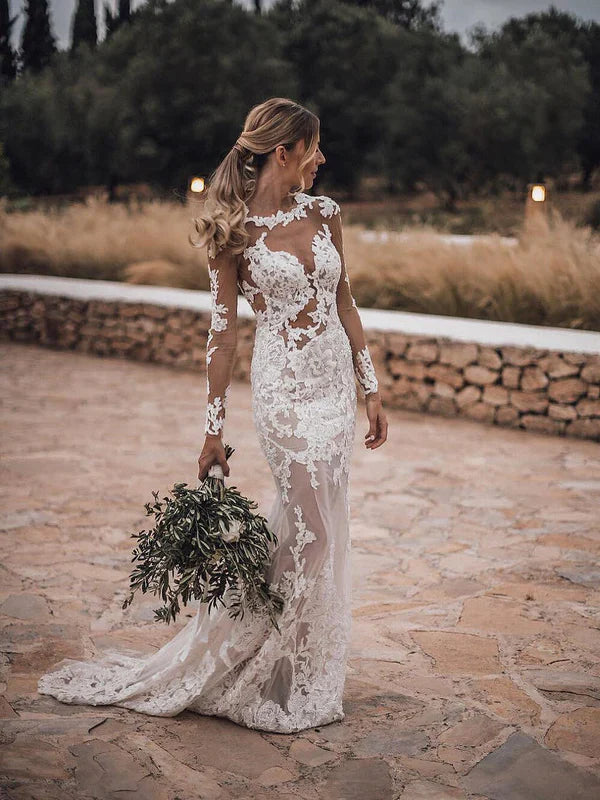 Stunning Bateau Lace Wedding Dresses Sheath Long Sleeves Gowns Floor Length Elegant