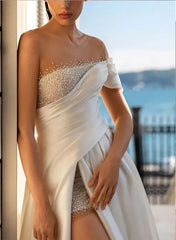 Off The Shoulder Satin A-Line/Princess Wedding Dresses With Sequins Split Front Floor Length