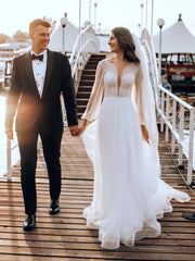 Fascinating Long Sleeves Deep V-neck Lace Backless A-line Wedding Dresses Sexy