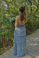 Aimishang Strapless Pink Chiffon Pleated Tiered Maxi Dress Long Prom Dress Charming Evening Party Dress