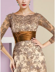 A-Line Mother of the Bride Dress Wedding Guest Elegant Scoop Neck Sweep / Brush Train Stretch Satin Imitated Silk 3/4 Length Sleeve with Lace