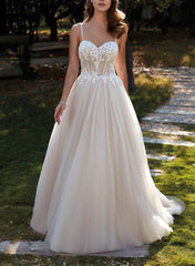 A-Line Sweetheart Sleeveless Sweep Train Tulle Wedding Dresses With Appliques Lace Elegant
