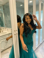 Wholesale Dark Green Mermaid Tulle Lace Prom Dress Winter Formal Gown Charming Evening Dress
