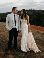 Long Sheath Wedding dresses Lace V-neck Bridal Gowns Floor Length Sexy Elegant