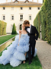 Drama Ball Gown Wedding Dress Blue Tiered Tulle Wedding Dress Off Shoulder Elegant