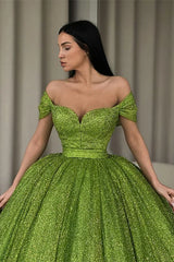 Green Off The Shoulder Ball Gown Evening Dress With Sequins Sparkly Prom Dress Sexy