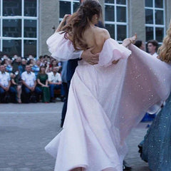 Wholesale Pink Tulle Sequins Off the Shoulder Prom Dress With Split Charming Evening Party Dress