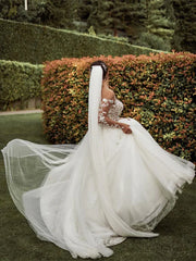 Illusion A-line Wedding Dresses Tulle Long Sleeves Bridal Gowns Floor Length Charming