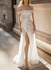 Off-The-Shoulder Sweep Train Sequined Wedding Dress With Split Front Floor Length Sparkly