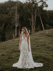 Long Sheath Wedding dresses Lace V-neck Bridal Gowns Floor Length Sexy Elegant