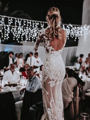 Stunning Bateau Lace Wedding Dresses Sheath Long Sleeves Gowns Floor Length Elegant