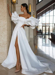 Strapless Ball-Gown Wedding Dress With Short Sleeves Satin Court Train And Split Front Off Shoulder