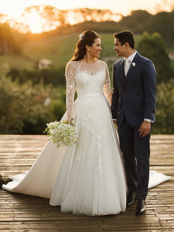 Illusion Rustic Lace Long Sleeves Tulle Wedding Dress With Detachable Satin Wedding Gown Elegant Wholesale