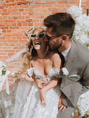 Off The Shoulder 3D Flower Lace Beach Wedding Dresses Rustic Boho Wedding Dress Sexy